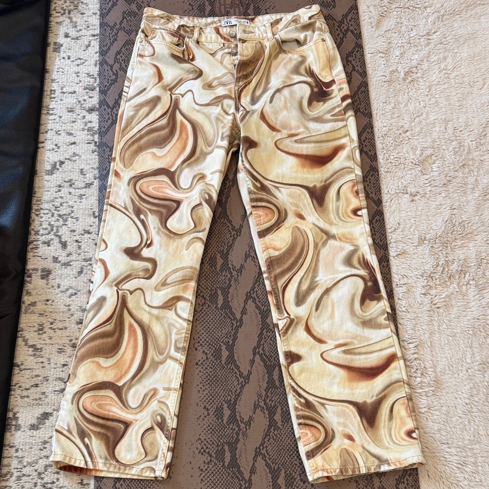 Zara Cream and Brown Patterned Jeans